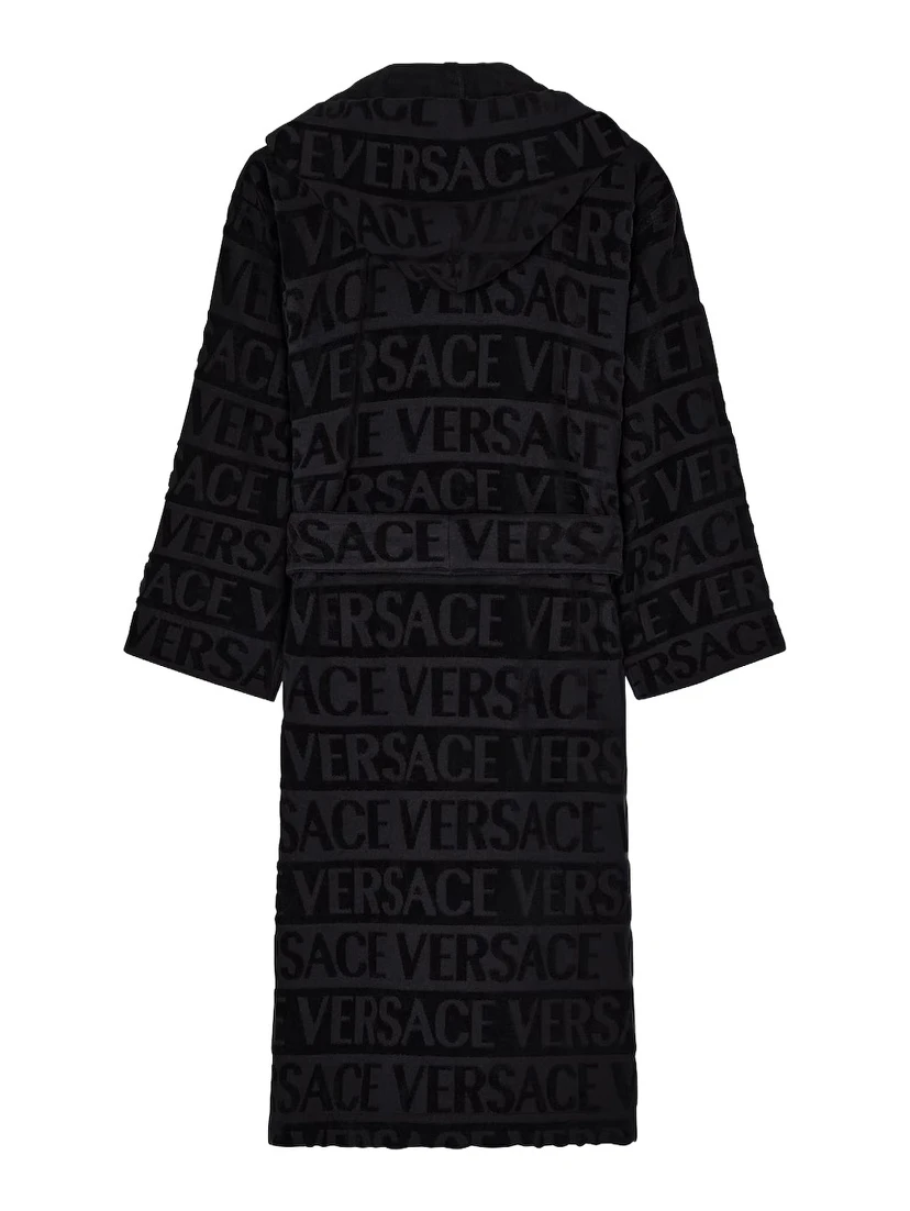 black Bathrobe with all-over printed logo in cotton home
