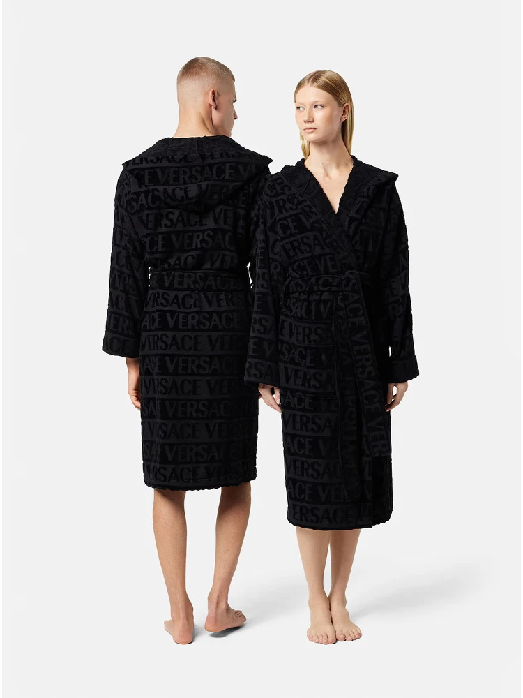 black Bathrobe with all-over printed logo in cotton home alternative