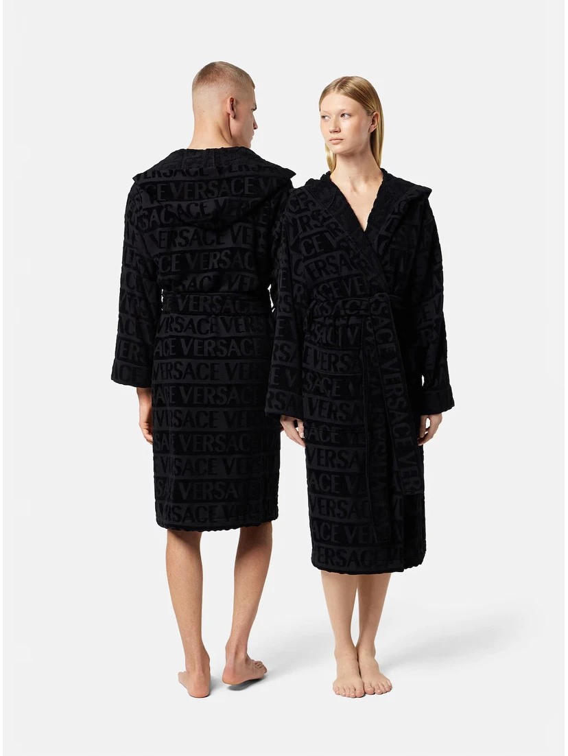 black Bathrobe with all-over printed logo in cotton home