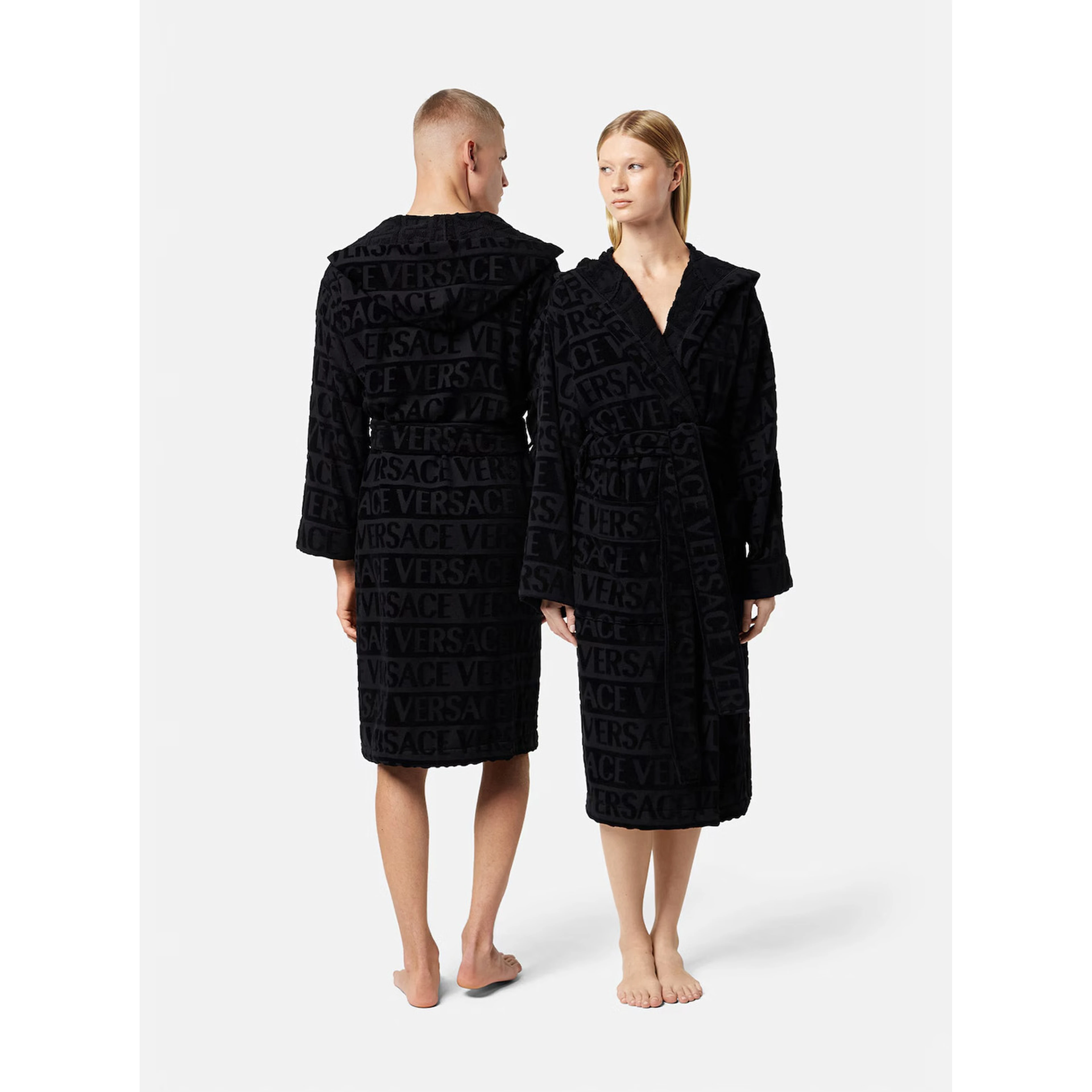 black Bathrobe with all-over printed logo in cotton home