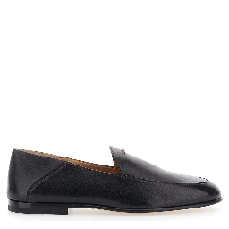 Black Loafers with logo lettering plate on the front in smooth leather for women