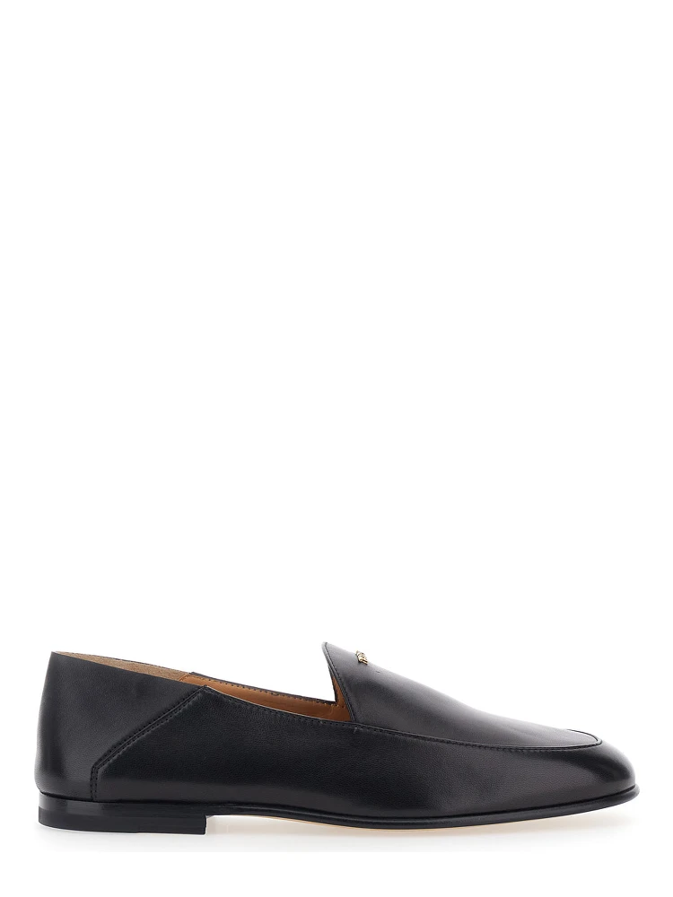 Black Loafers with logo lettering plate on the front in smooth leather for women