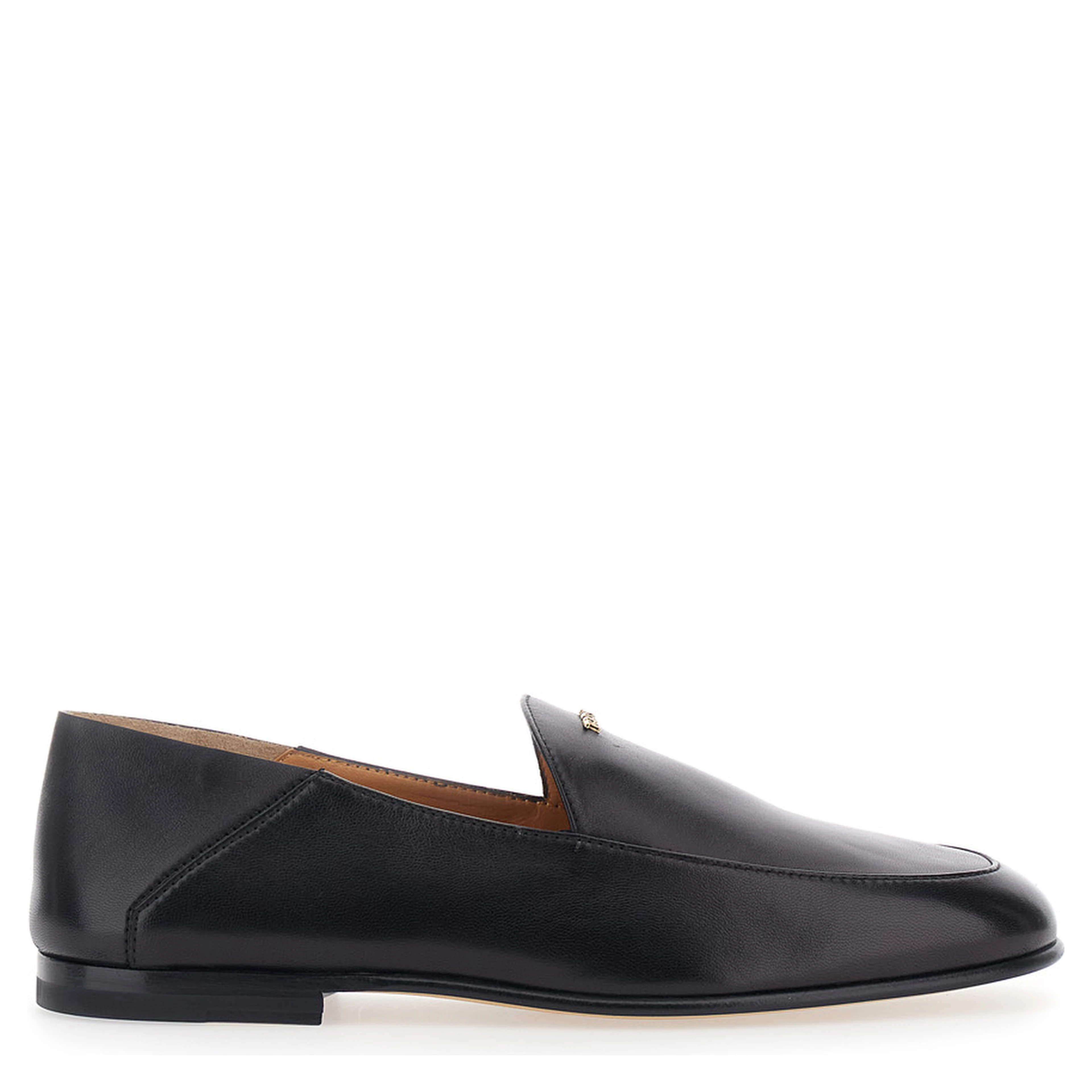 Black Loafers with logo lettering plate on the front in smooth leather for women