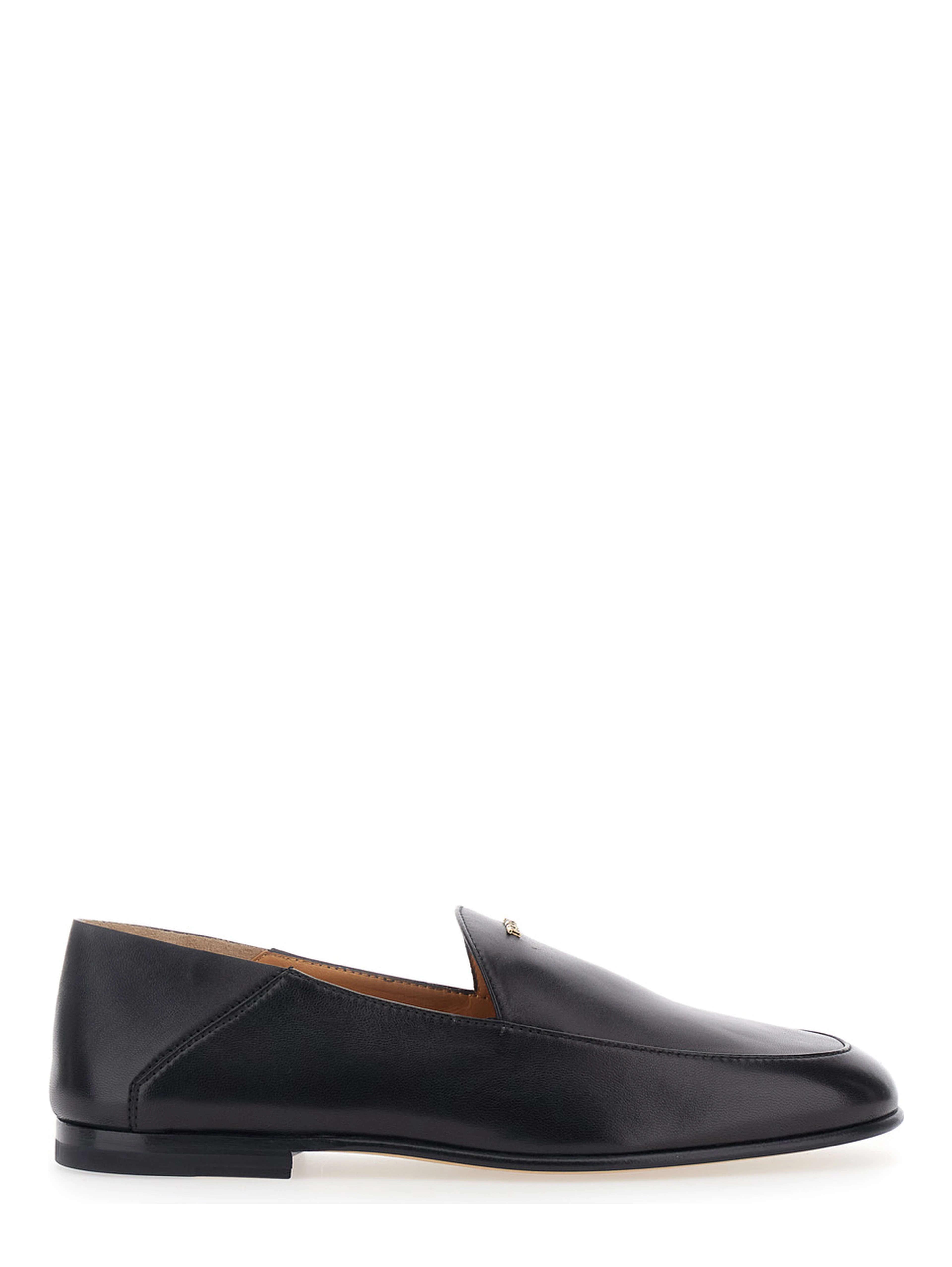 Black Loafers with logo lettering plate on the front in smooth leather for women