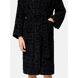 black Bathrobe with all-over printed logo in cotton home