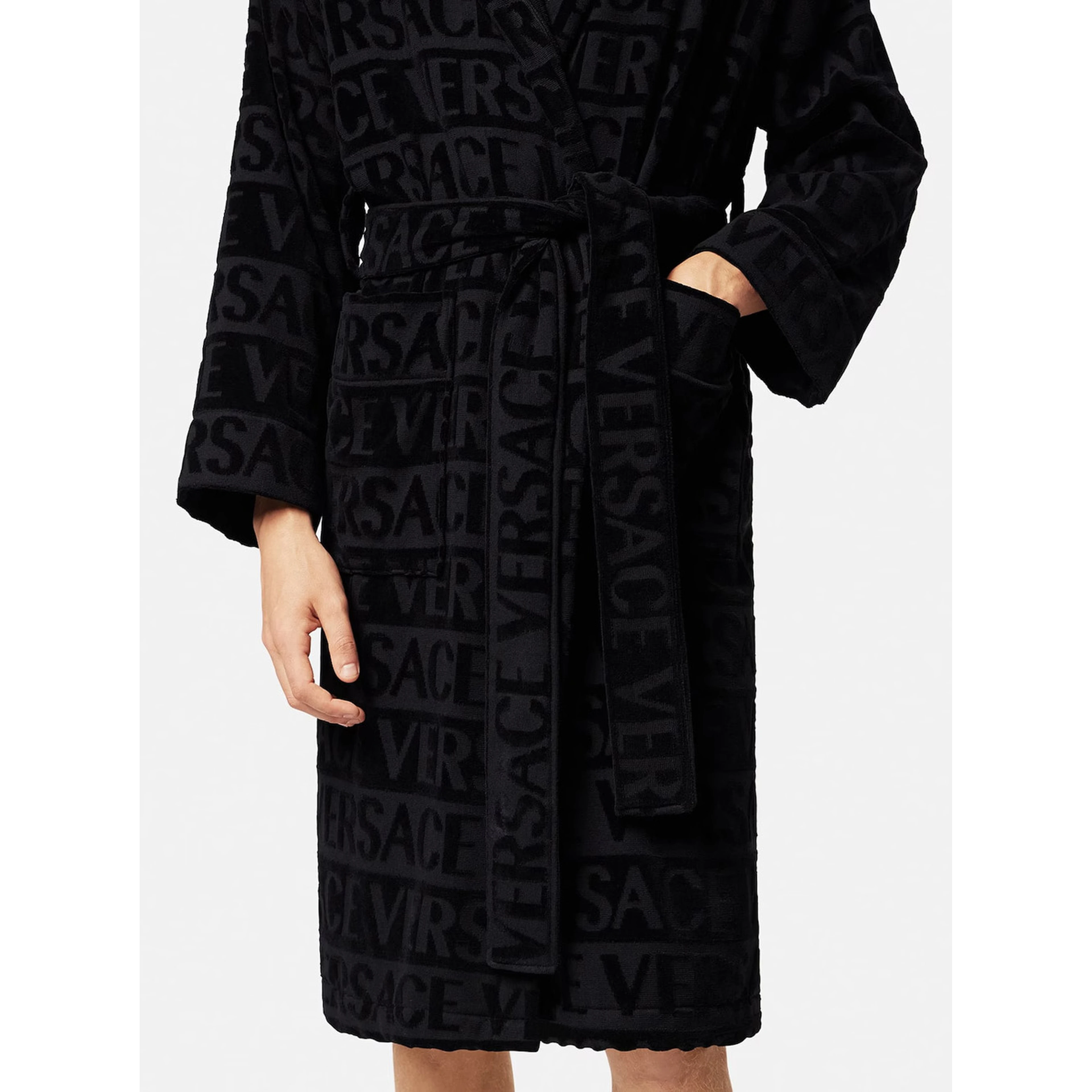 black Bathrobe with all-over printed logo in cotton home
