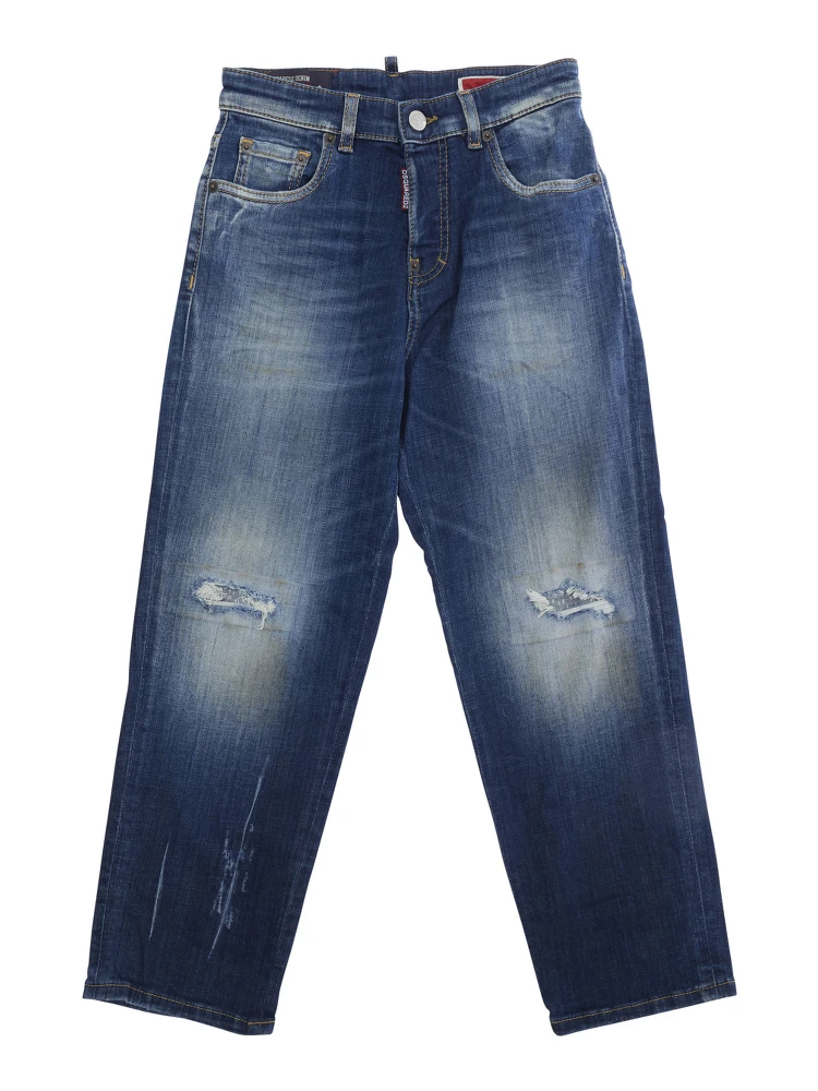 Blue Jeans with ripped details on the front and logo patch on the back in denim Boy