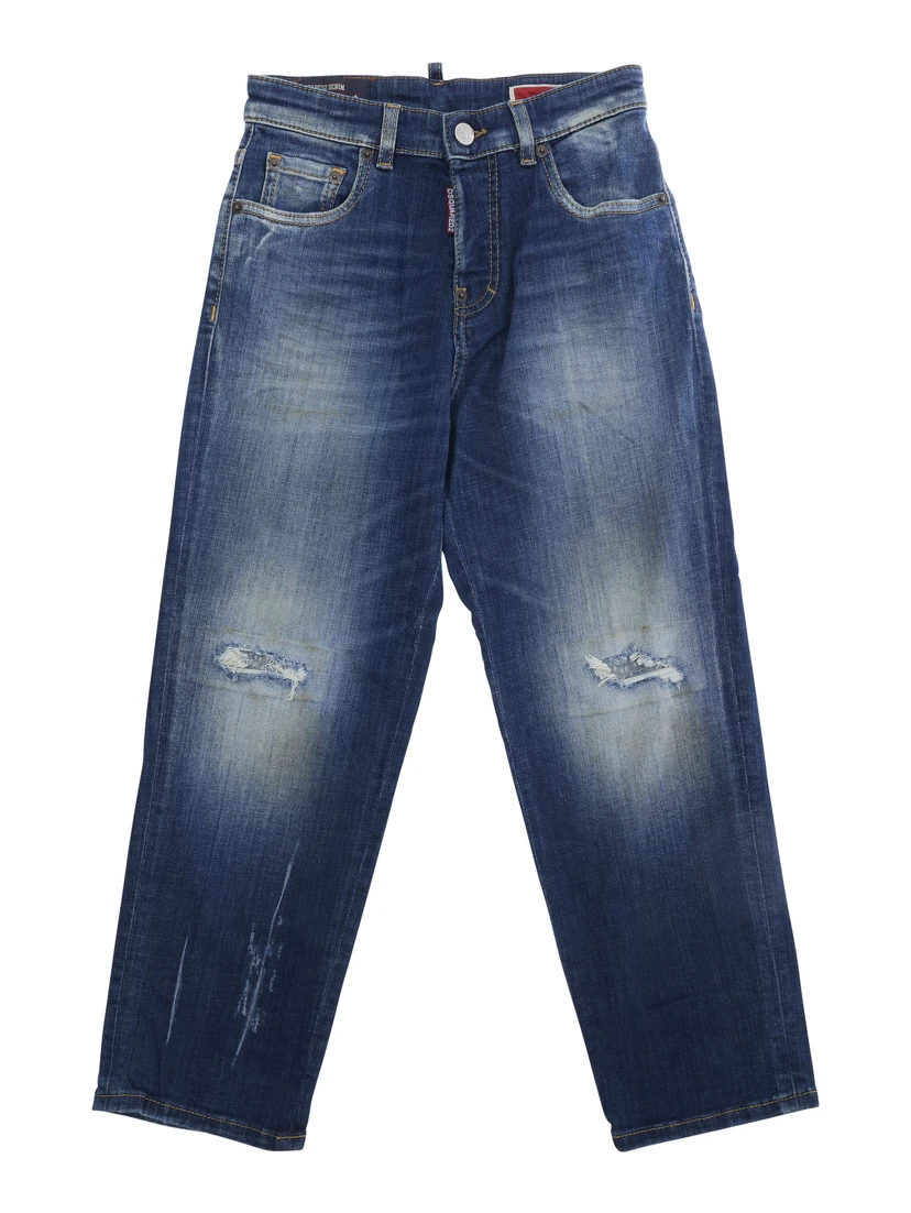 Blue Jeans with ripped details on the front and logo patch on the back in denim Boy