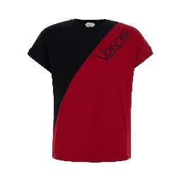 Black and Red Color-block T-shirt with logo lettering on the front in stretch cotton for men