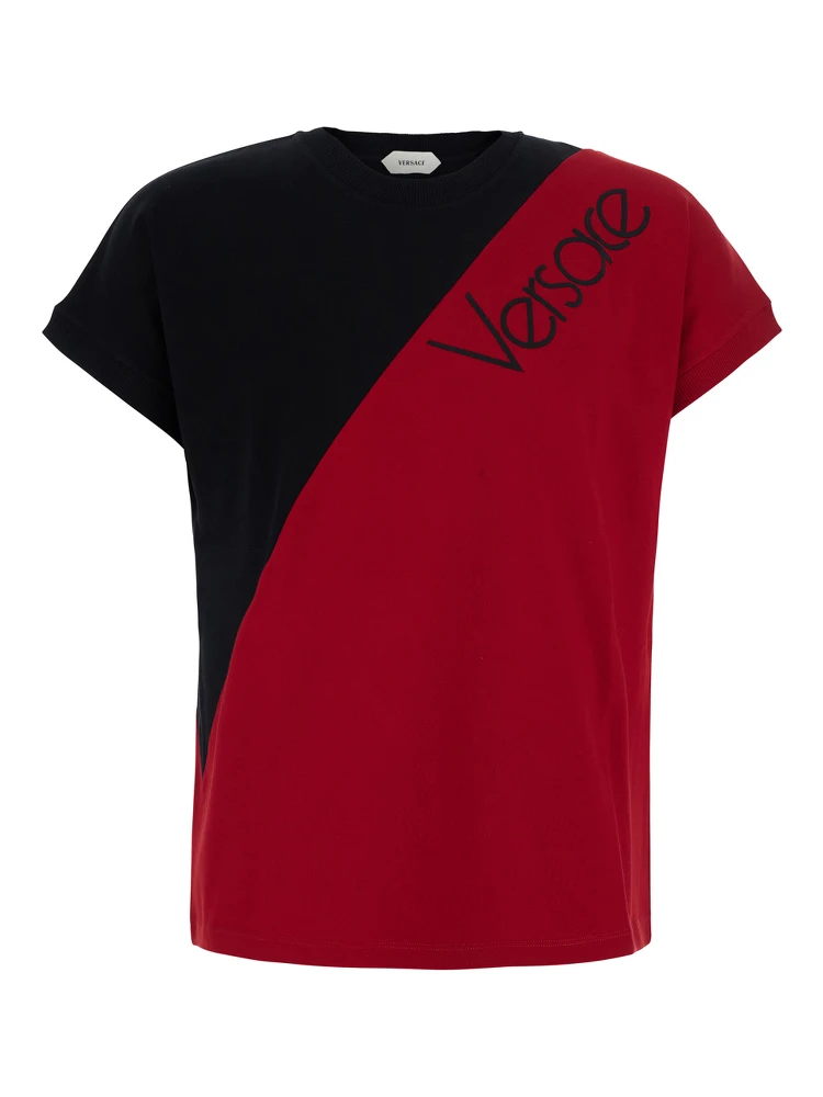 Black and Red Color-block T-shirt with logo lettering on the front in stretch cotton for men