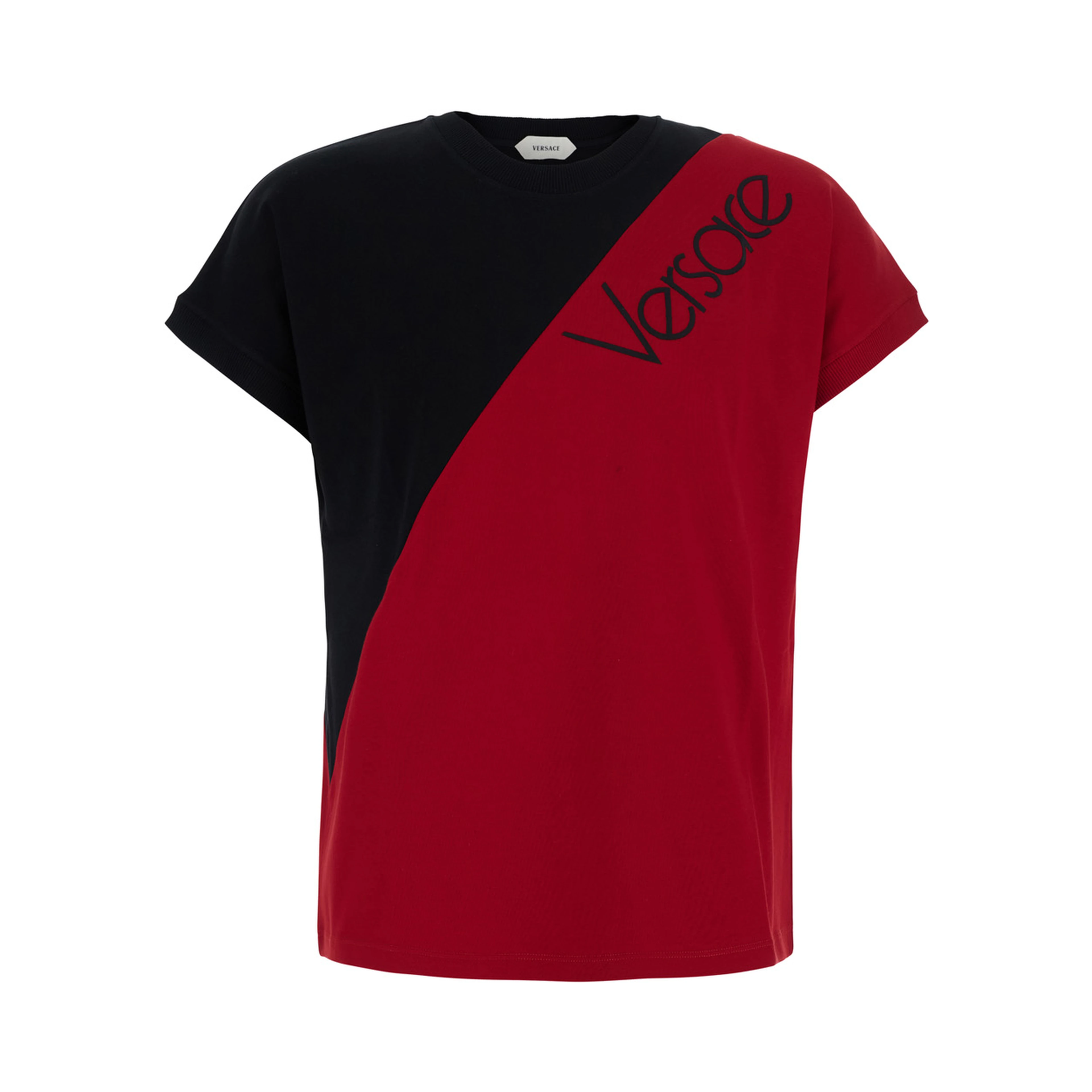 Black and Red Color-block T-shirt with logo lettering on the front in stretch cotton for men