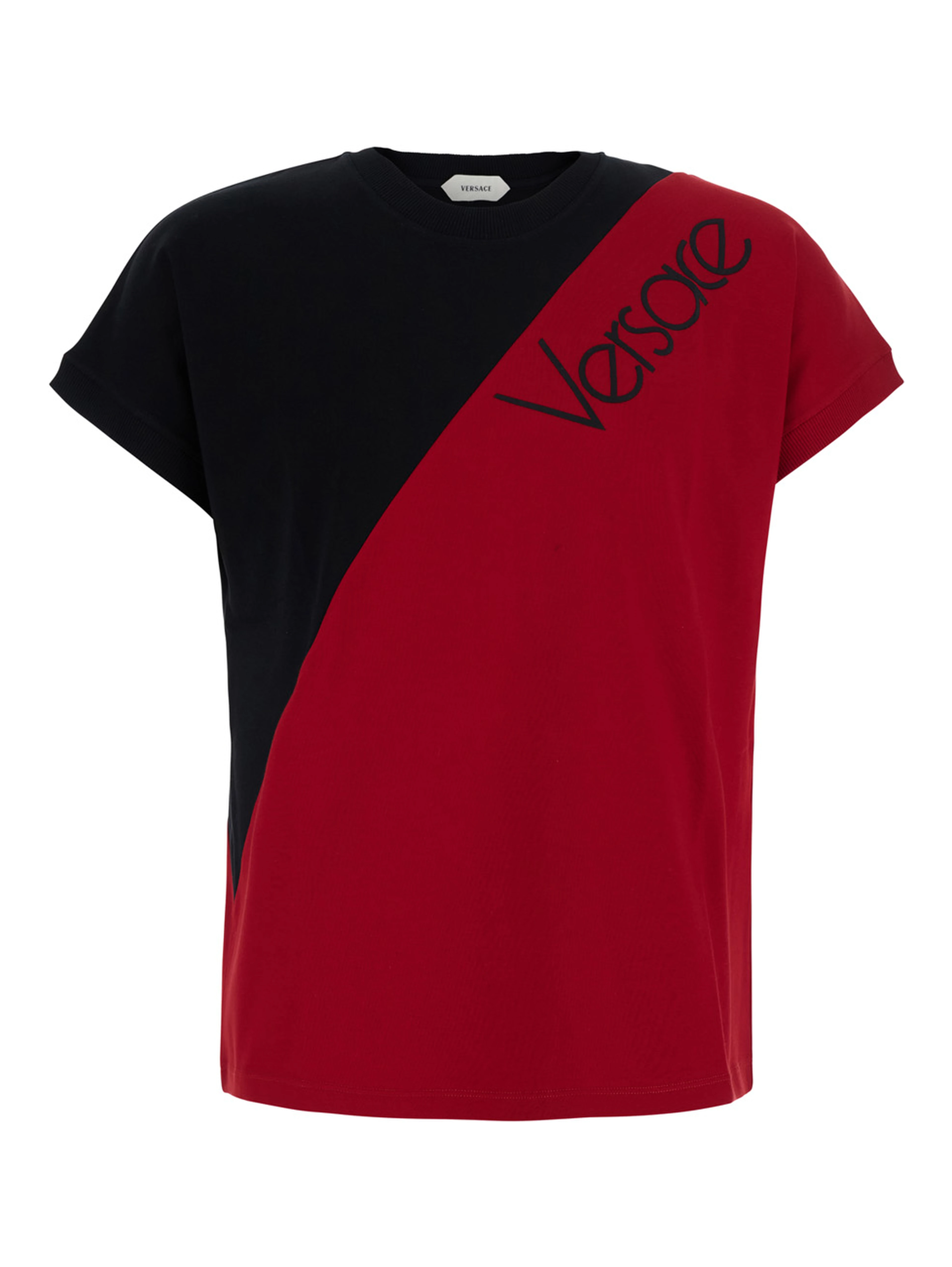 Black and Red Color-block T-shirt with logo lettering on the front in stretch cotton for men