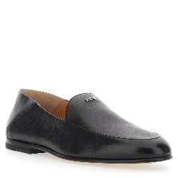 Black Loafers with logo lettering plate on the front in smooth leather for women