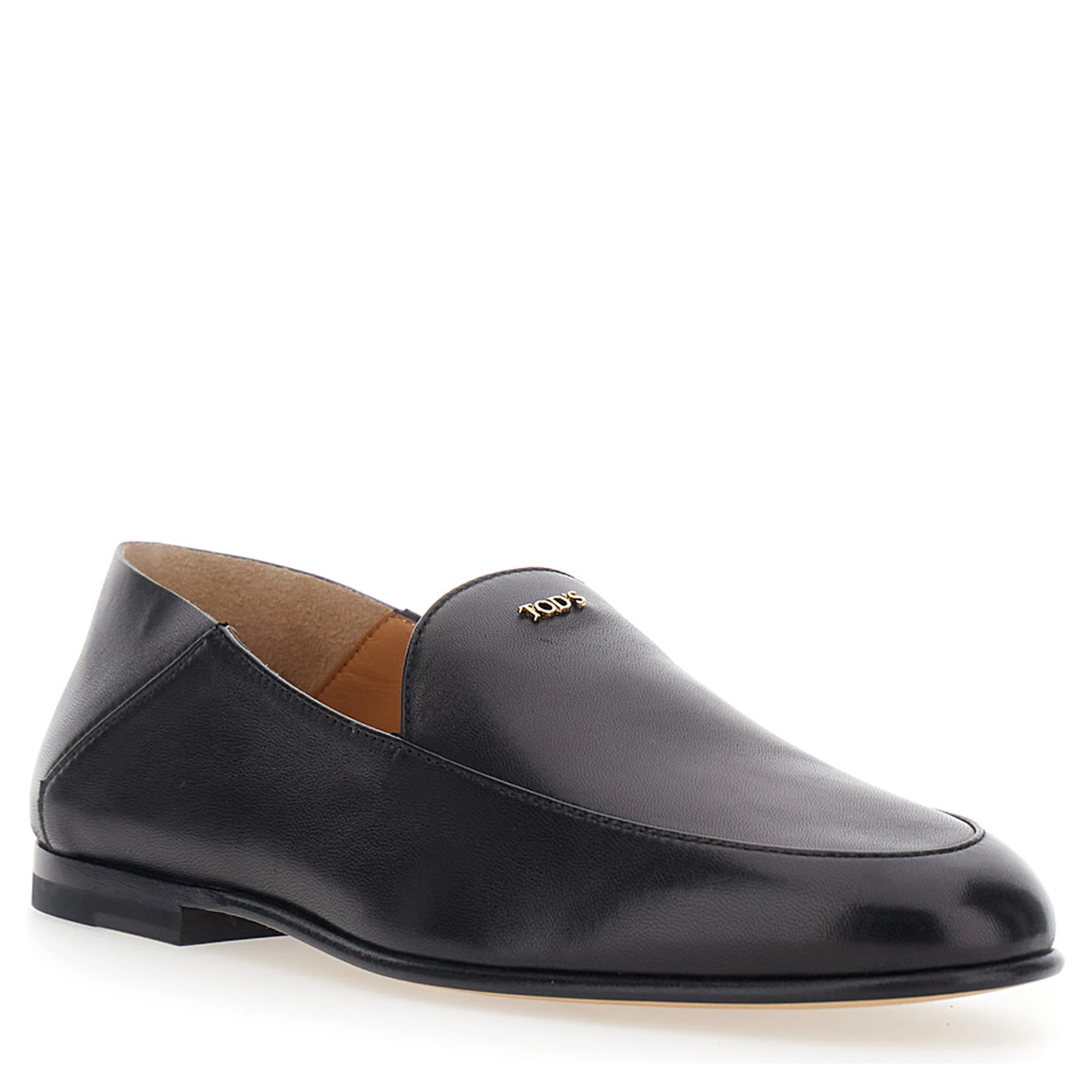 Black Loafers with logo lettering plate on the front in smooth leather for women