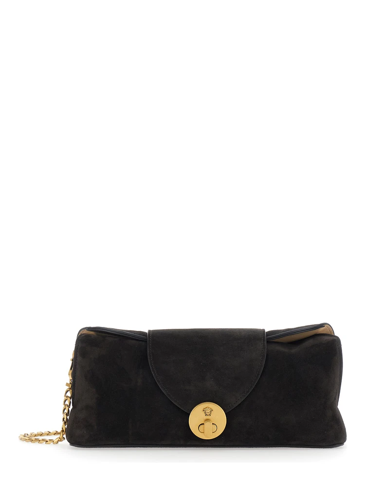 Brown Shoulder bag with Medusa Head on the front in Suede for Women