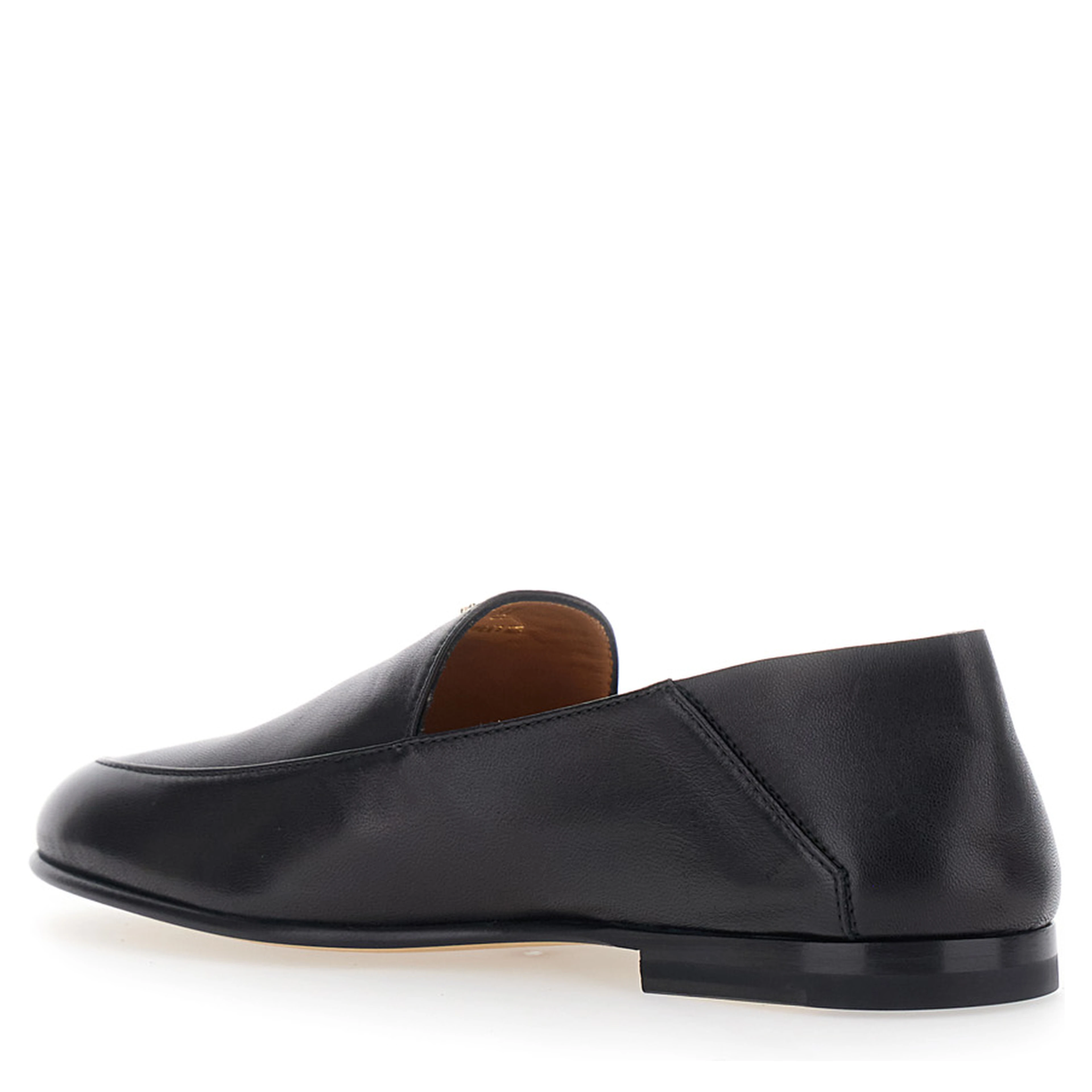 Black Loafers with logo lettering plate on the front in smooth leather for women