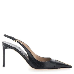 Black Slingback Pumps with High Heel and T Plate on the Front in Leather for Women