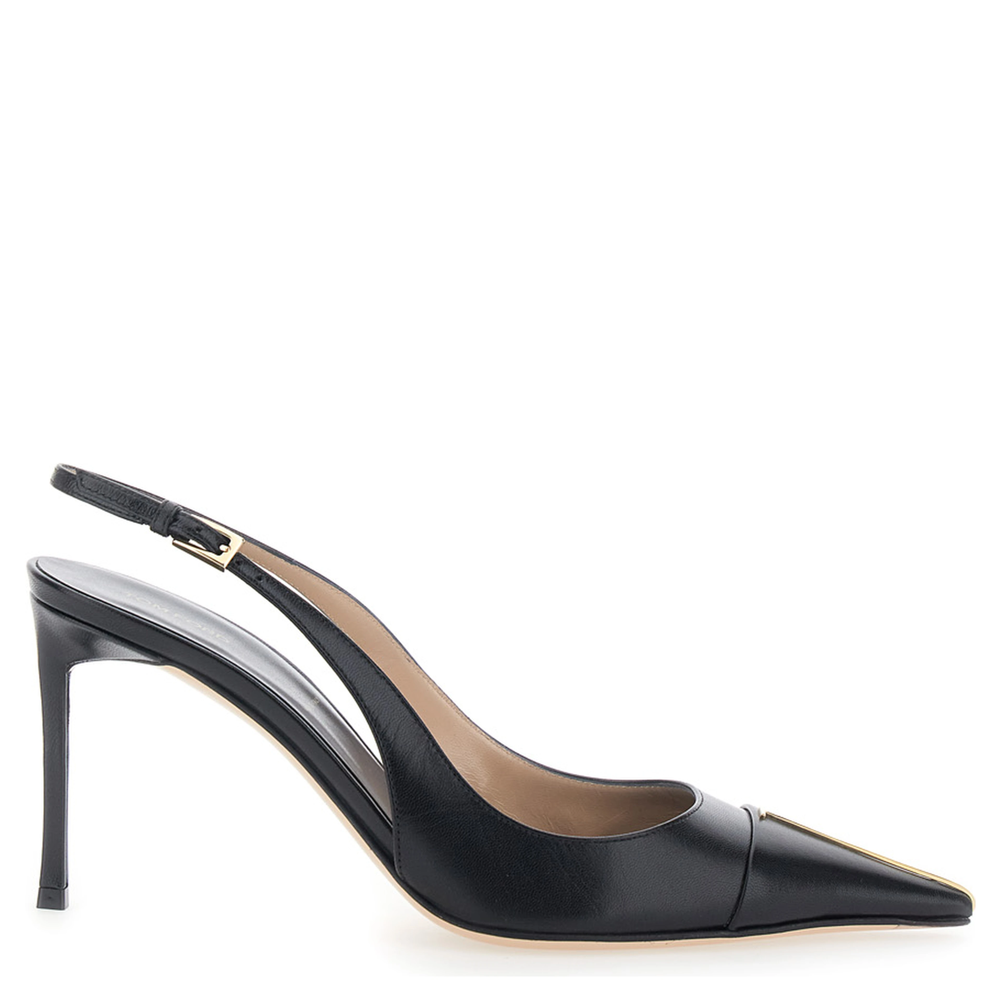 Black Slingback Pumps with High Heel and T Plate on the Front in Leather for Women