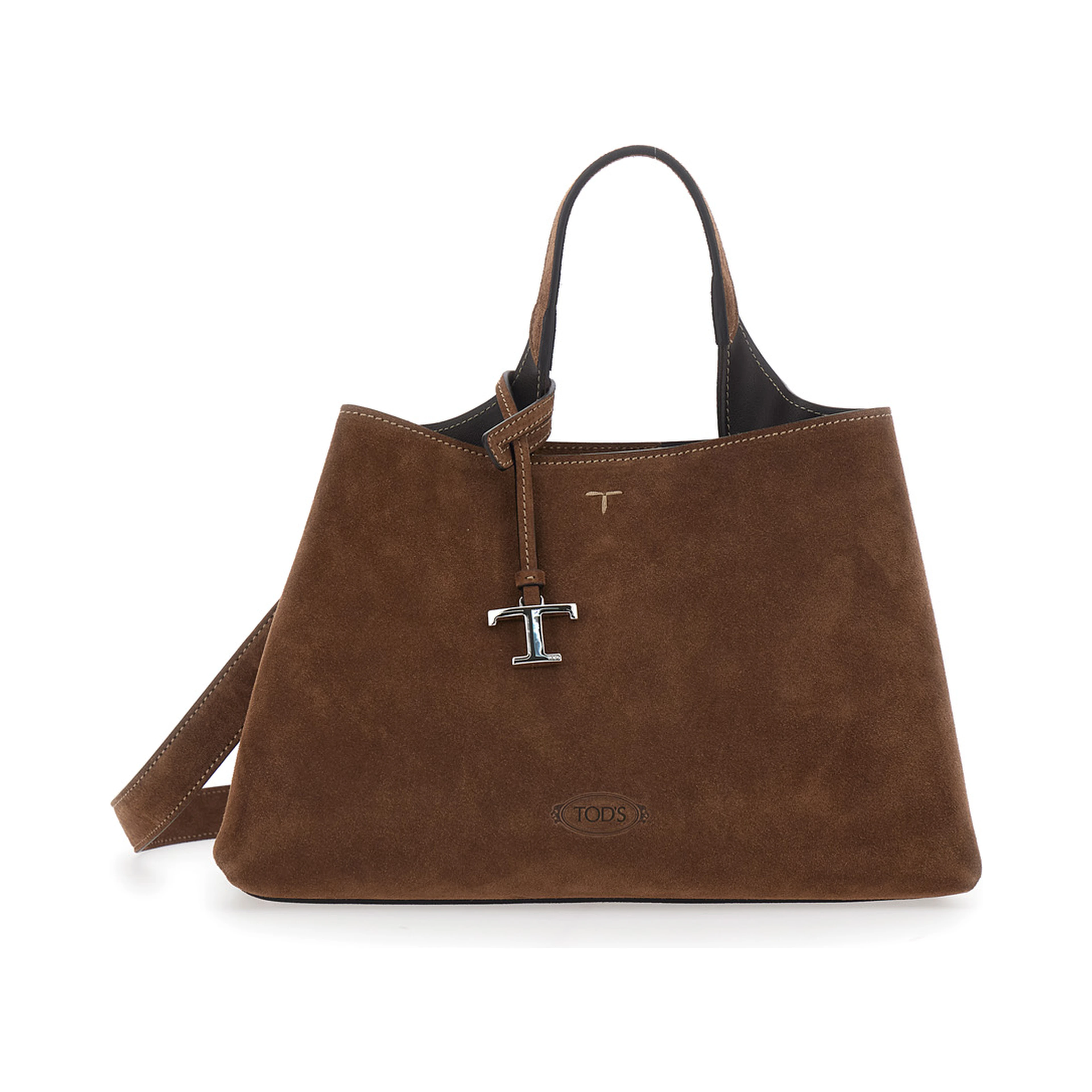 Brown Handbag with Adjustable and Removable Shoulder Strap and T Plate on the Front in Suede for Women