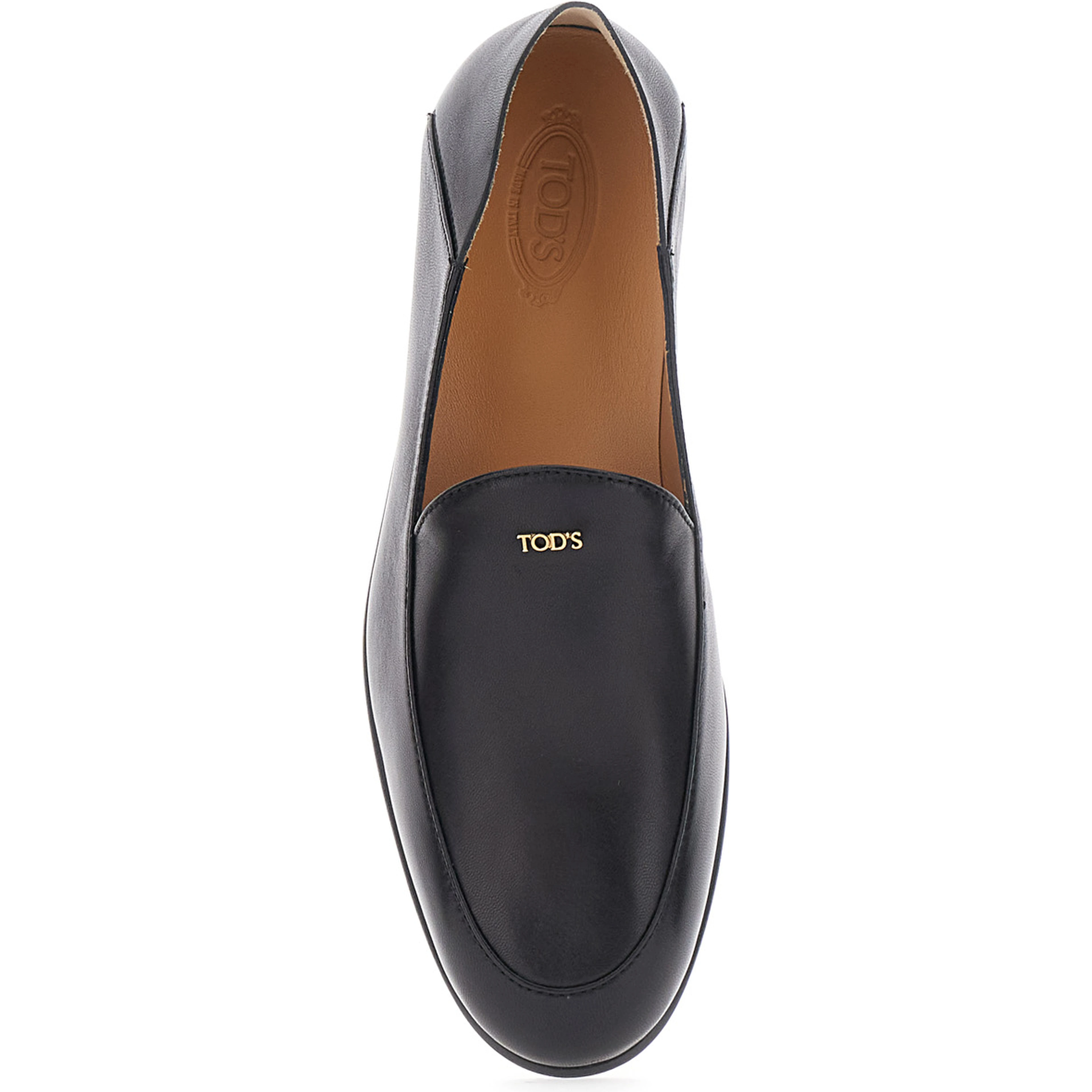 Black Loafers with logo lettering plate on the front in smooth leather for women