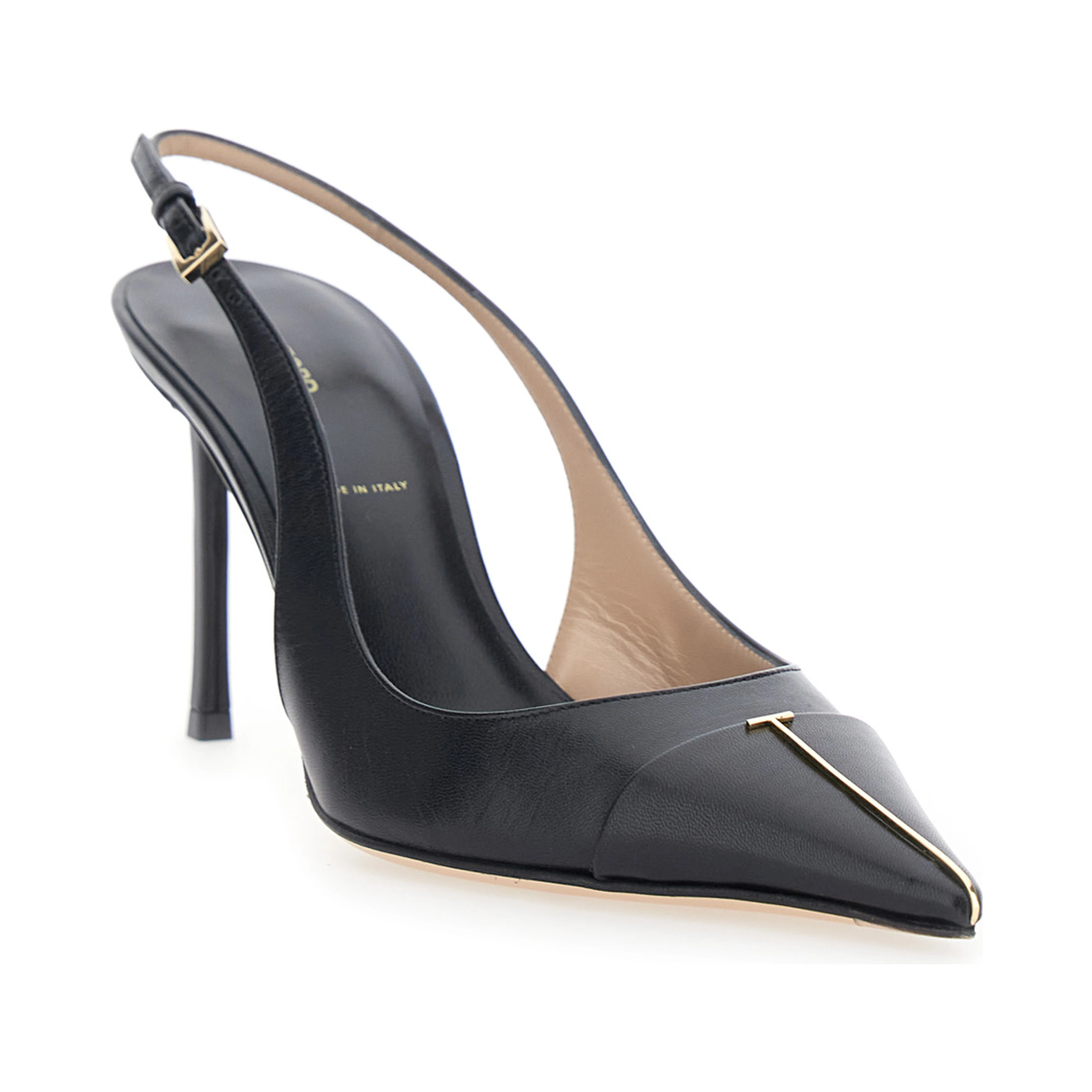 Black Slingback Pumps with High Heel and T Plate on the Front in Leather for Women