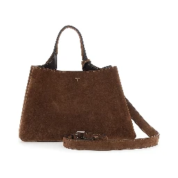 Brown Handbag with Adjustable and Removable Shoulder Strap and T Plate on the Front in Suede for Women