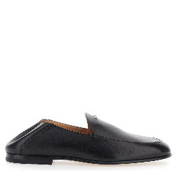 Black Loafers with logo lettering plate on the front in smooth leather for women