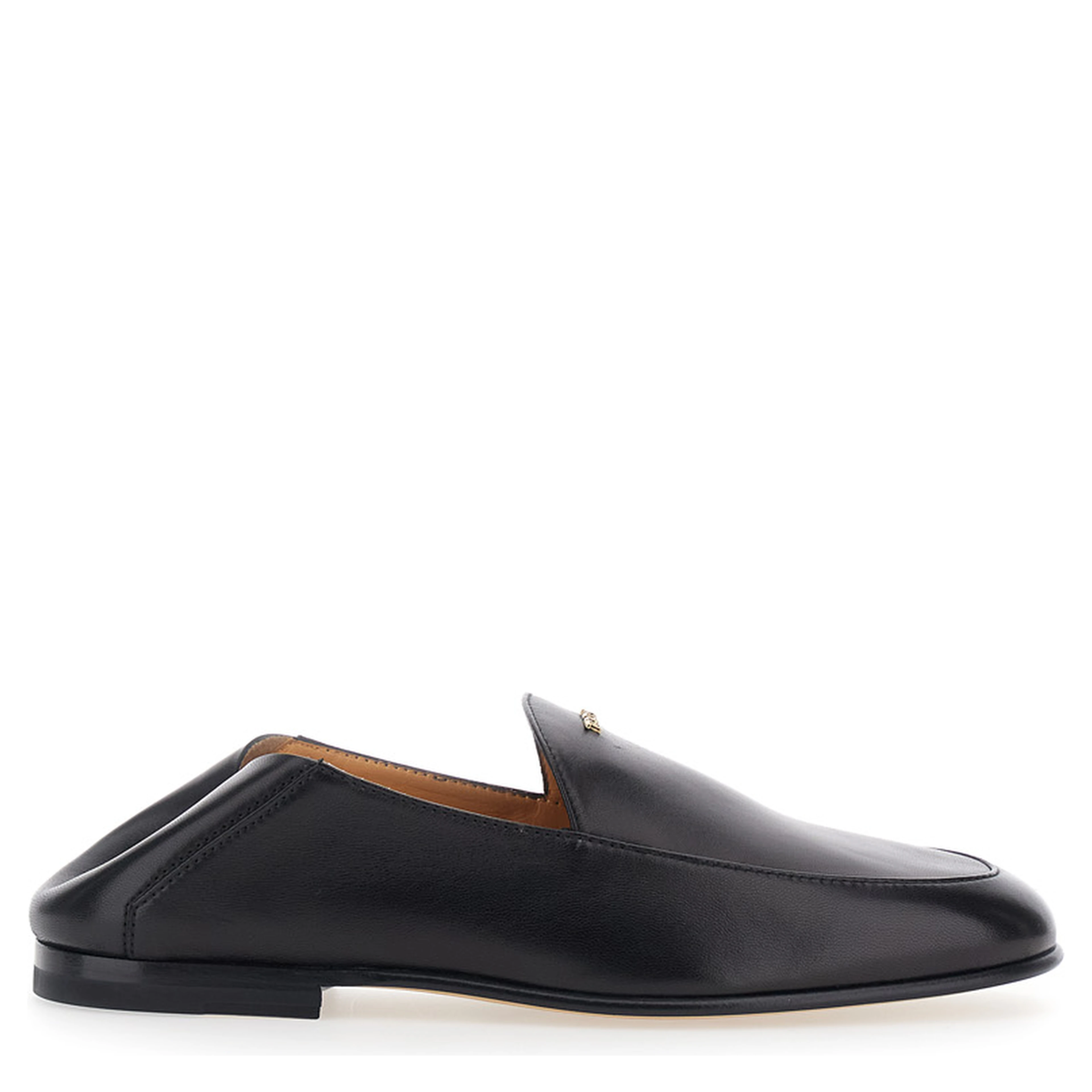 Black Loafers with logo lettering plate on the front in smooth leather for women
