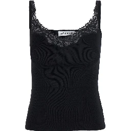 Black Sleeveless Top with Lace Embroidery in Cotton Blend for Women