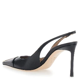 Black Slingback Pumps with High Heel and T Plate on the Front in Leather for Women