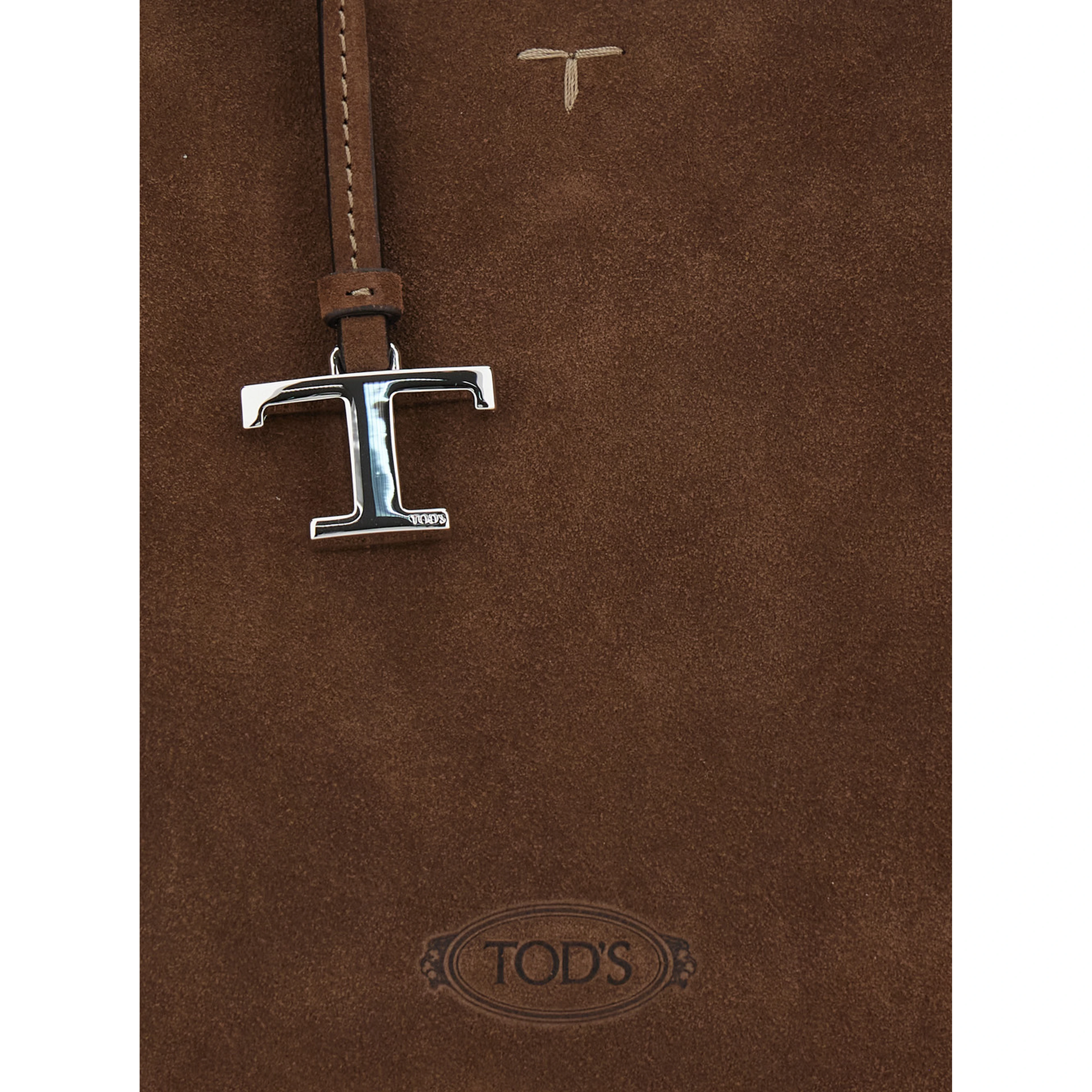 Brown Handbag with Adjustable and Removable Shoulder Strap and T Plate on the Front in Suede for Women