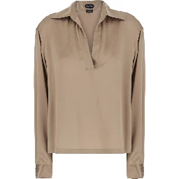 Beige Shirt with wide collar and V-neck in silk for women