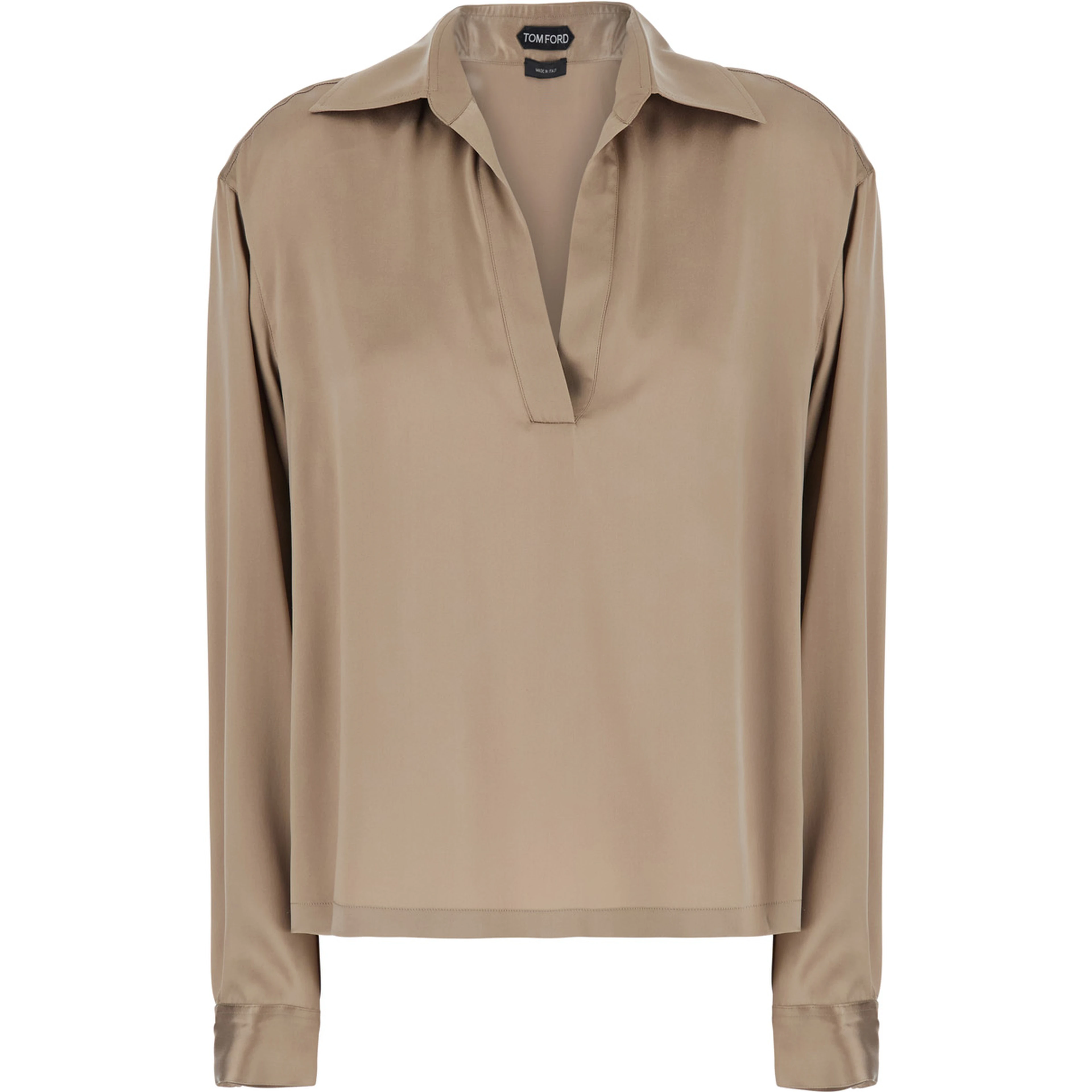 Beige Shirt with wide collar and V-neck in silk for women