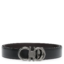 Reversible belt with Gancini detail in black and brown smooth leather for men
