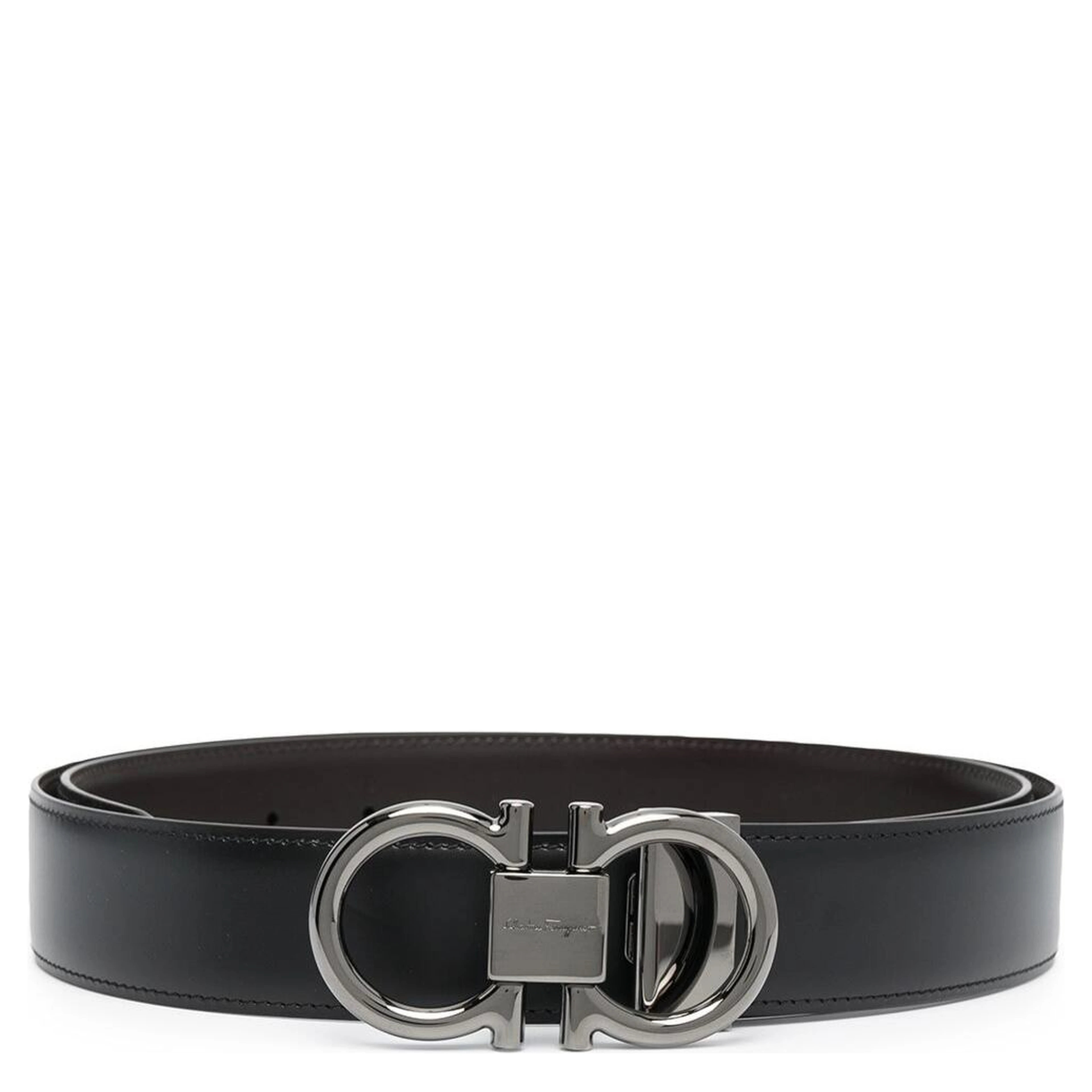 Reversible belt with Gancini detail in black and brown smooth leather for men