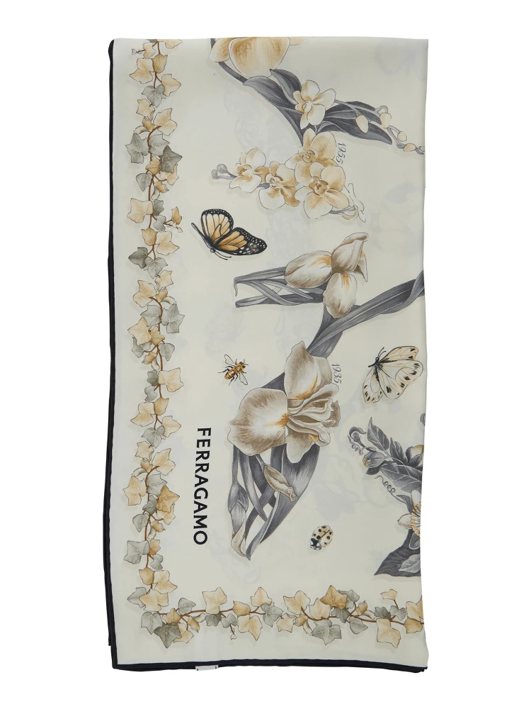 Beige Scarf with all-over Floral Print in Silk for Women