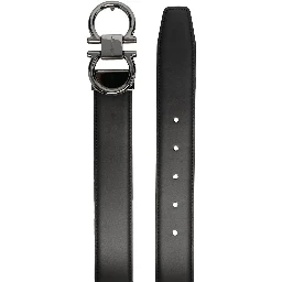 Reversible belt with Gancini detail in black and brown smooth leather for men