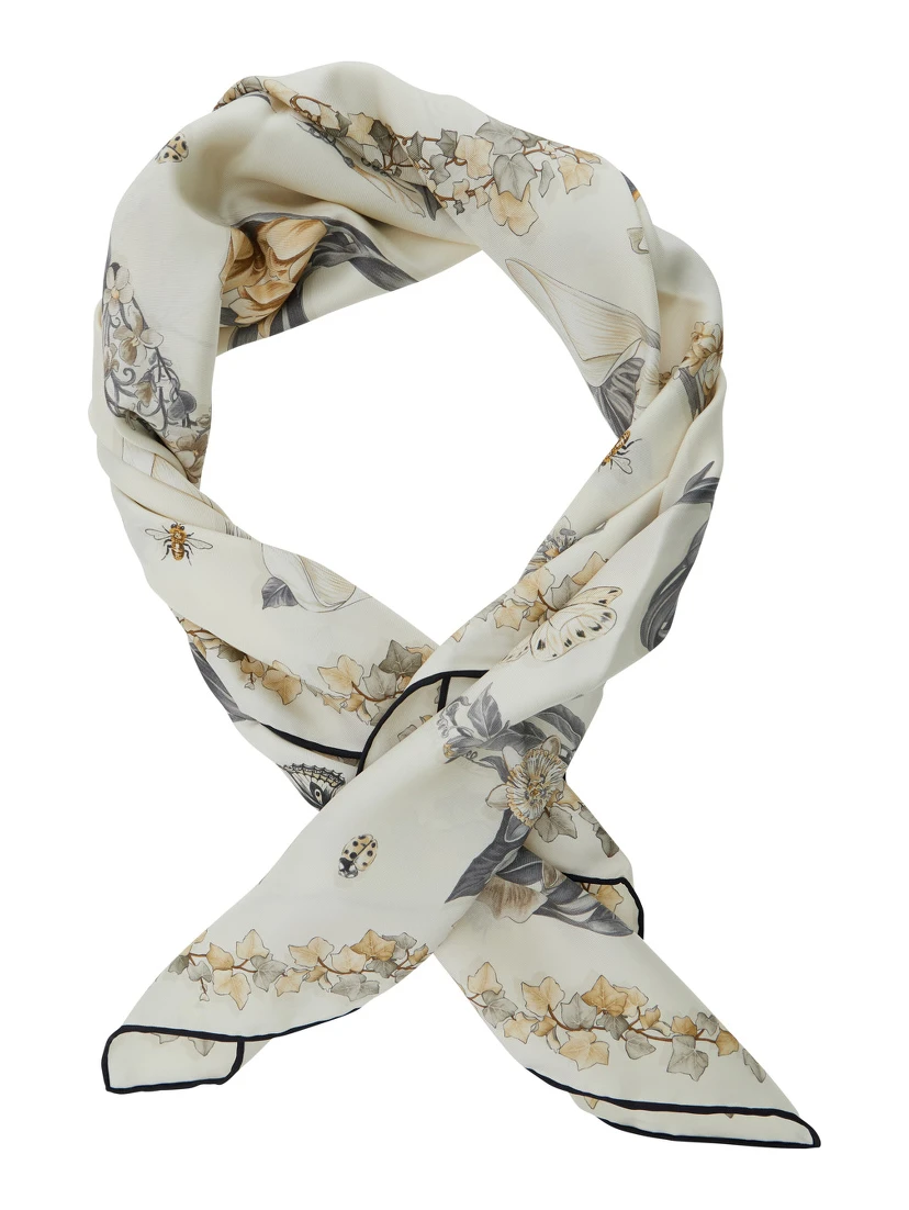 Beige Scarf with all-over Floral Print in Silk for Women