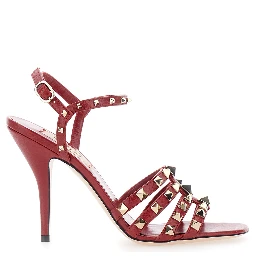Red Slingback Sandals with High Stiletto Heel and Rockstud Decoration for Women