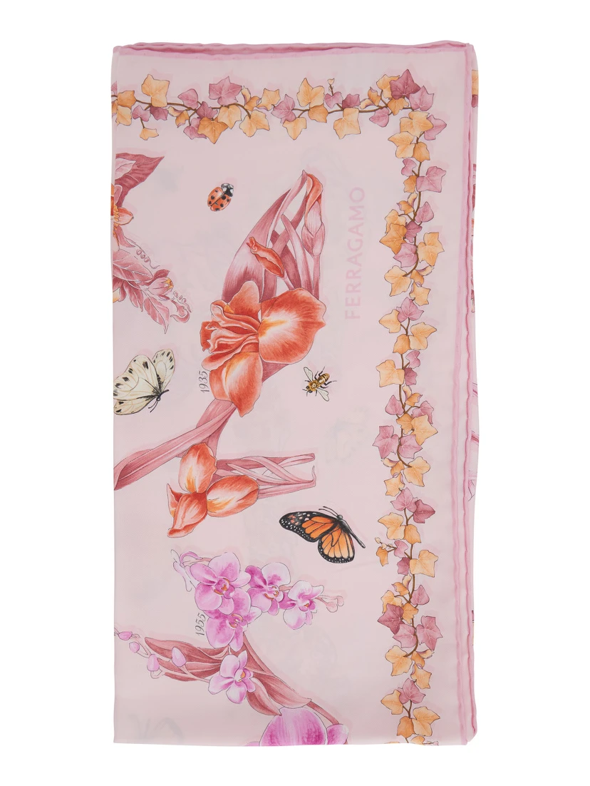 Pink Scarf with All-over Floral Print in Silk for Women