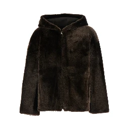 Brown Shearling jacket with fixed hood in fur for women