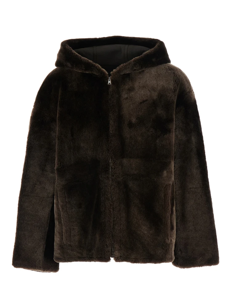 Brown Shearling jacket with fixed hood in fur for women