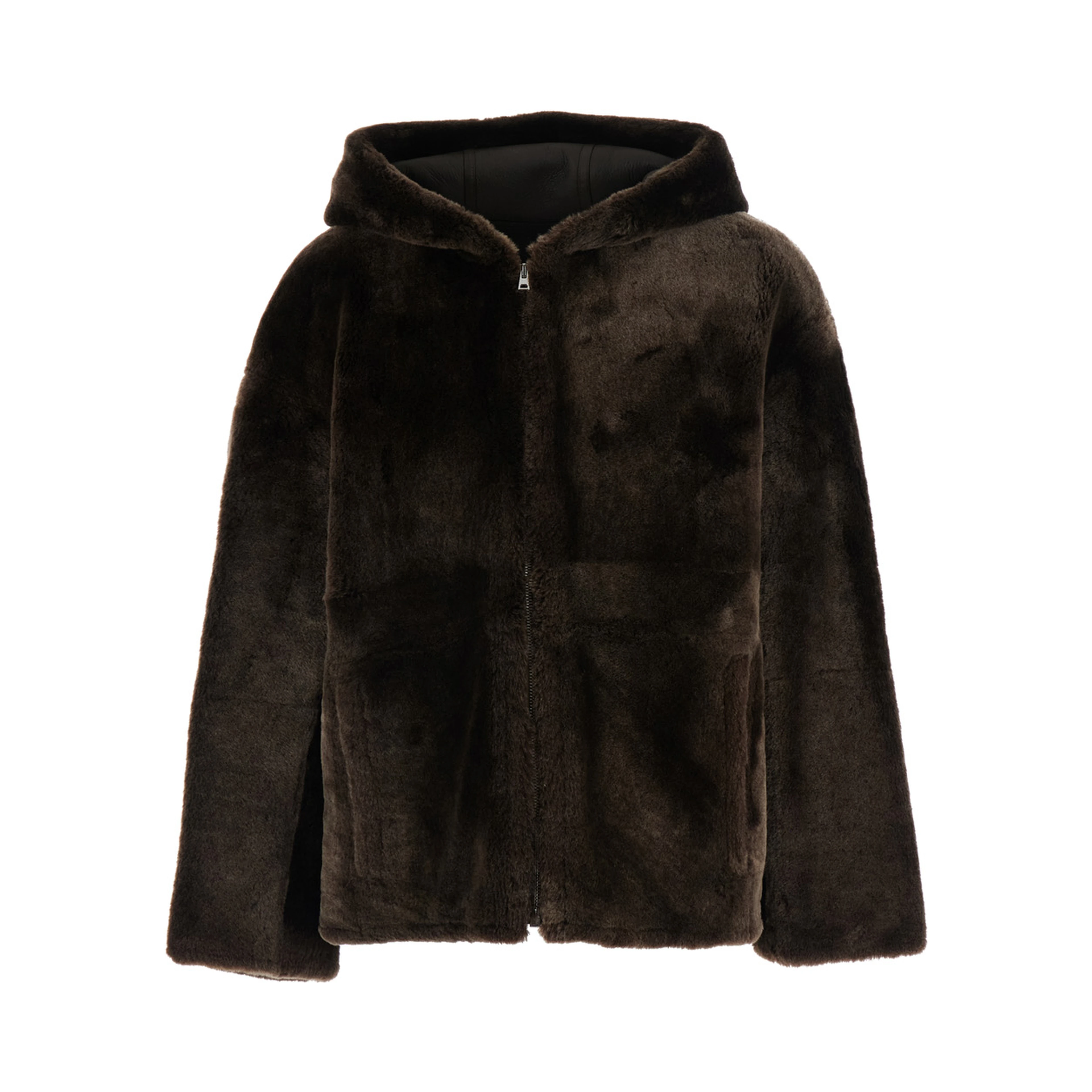 Brown Shearling jacket with fixed hood in fur for women