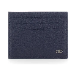blue Card holder with Micro Gancini on the Front and logo lettering on the Back in Grained Leather for Men