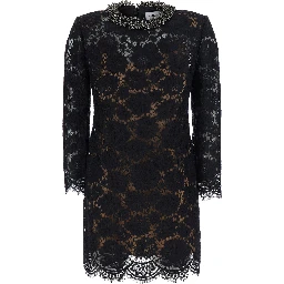Black Mini Dress with Beaded Collar and All-Over Lace Embroidery in Tech Fabric for Women