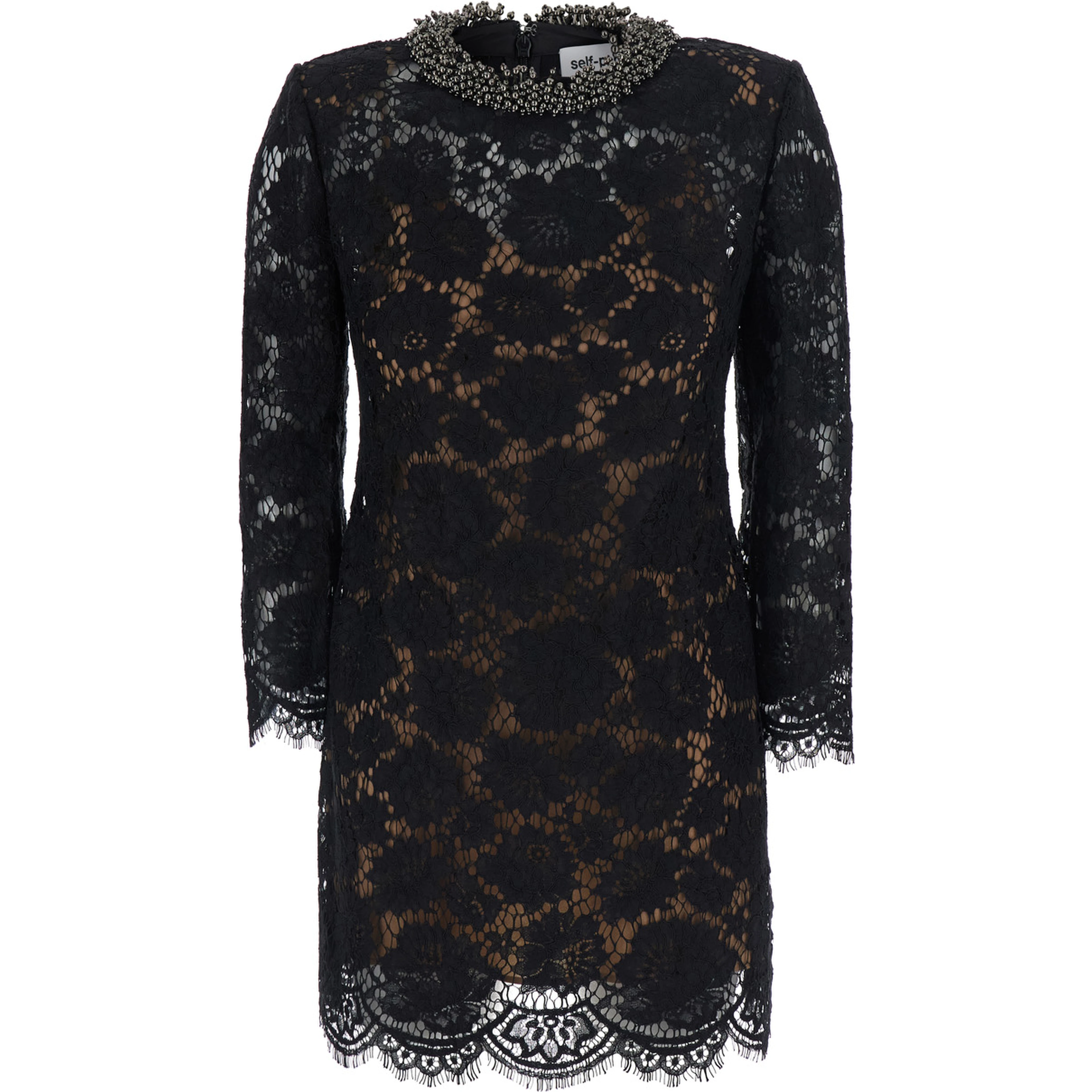 Black Mini Dress with Beaded Collar and All-Over Lace Embroidery in Tech Fabric for Women