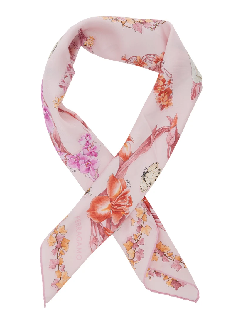 Pink Scarf with All-over Floral Print in Silk for Women
