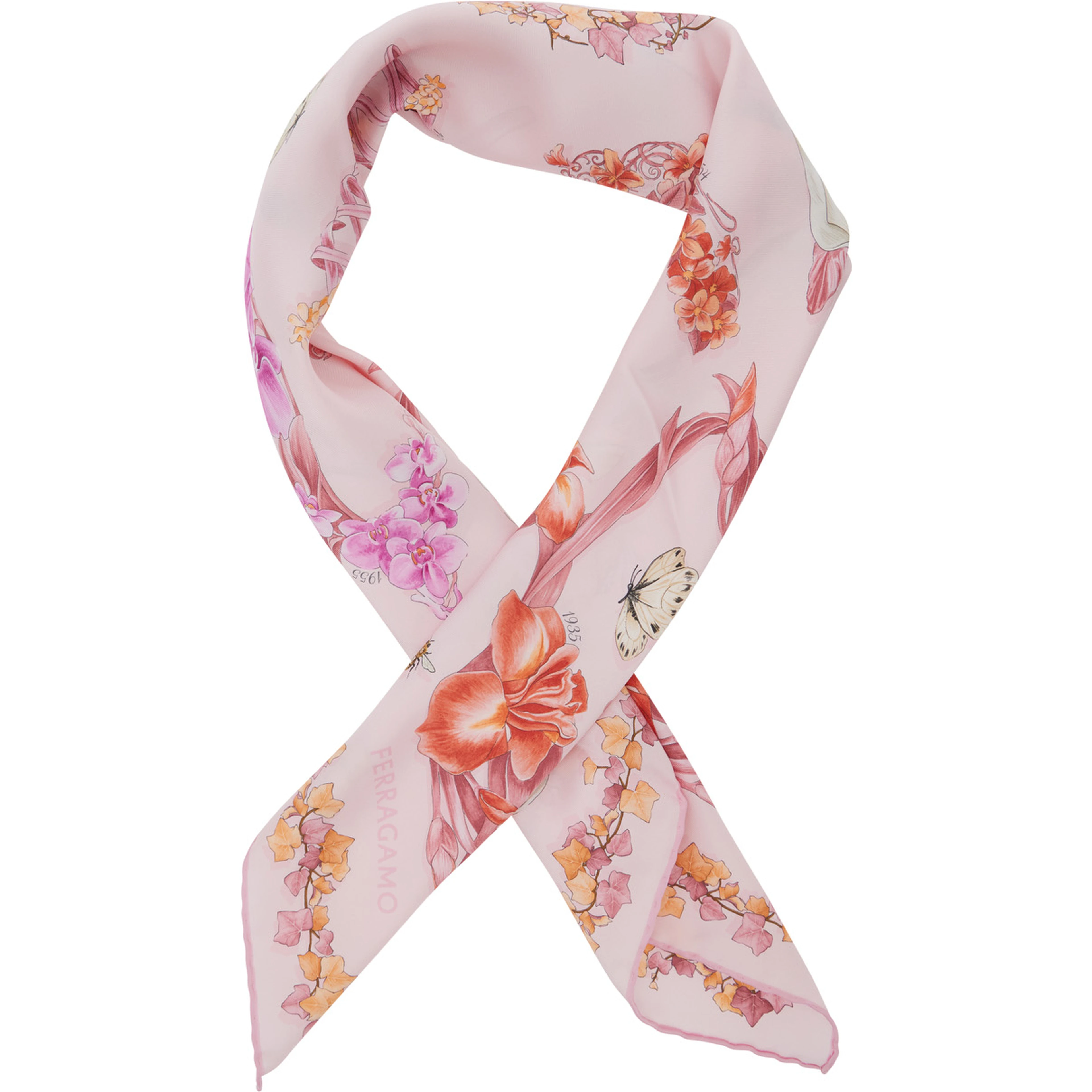 Pink Scarf with All-over Floral Print in Silk for Women