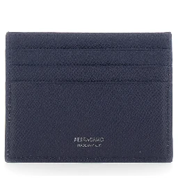 blue Card holder with Micro Gancini on the Front and logo lettering on the Back in Grained Leather for Men