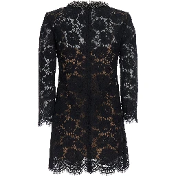 Black Mini Dress with Beaded Collar and All-Over Lace Embroidery in Tech Fabric for Women